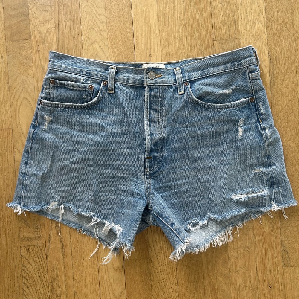 Agolde Light Blue Distressed High-Rise Denim Shorts